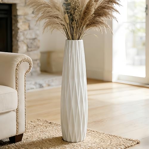 White Tall Ceramic Floor Vase, 28 Inch, Ribbed Design, Large Decor | Glossy Glazed Finish, Spacious Rooms, Statement Corners, Fireplace, Dried Branches - color: Ten Stripes, size: Height-28 Inch