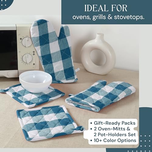 Oven Mitt & Pot Holder Buffalo Plaid Check 100% Cotton Heat Resistant Oven Gloves (7"x13") & Hot Pads (8"x8") Combo for Baking, Cooking - Teal - color: Teal Green, Buffalo Plaid