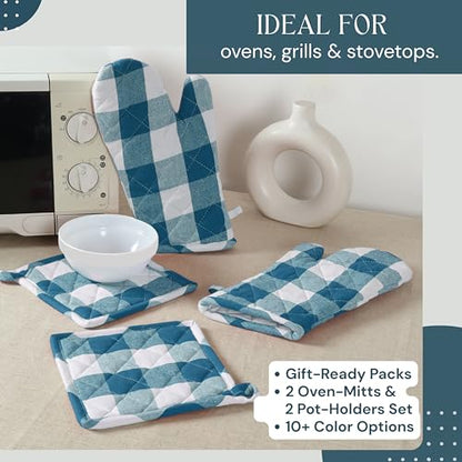 Oven Mitt & Pot Holder Buffalo Plaid Check 100% Cotton Heat Resistant Oven Gloves (7"x13") & Hot Pads (8"x8") Combo for Baking, Cooking - Teal - color: Teal Green, Buffalo Plaid