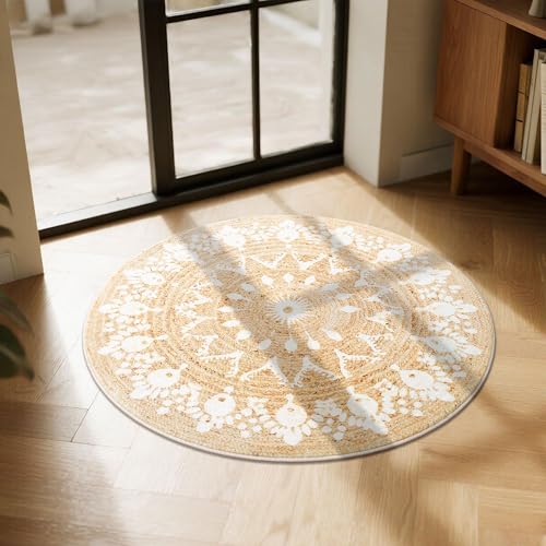 Carvapet Faux Jute 2 ft Round Washable Rug, Imitation Jute Low Pile Circle Small Carpet with Non Slip Rubber Backing, Foldable Stain Resistant Area Rug for Living Room Bedroom Office Bathroom - color: Pearl, size: 2' (Round)