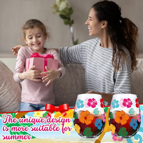 Sliner 2 Pack 17oz Summer Hawaiian Stemless Wine Glasses Aloha Stemless Wine Glass Luau Colorful Flowers Leaves Tumbler Cups for Hawaiian Tiki Party Supplies Birthday Gift - style: Hawaiian