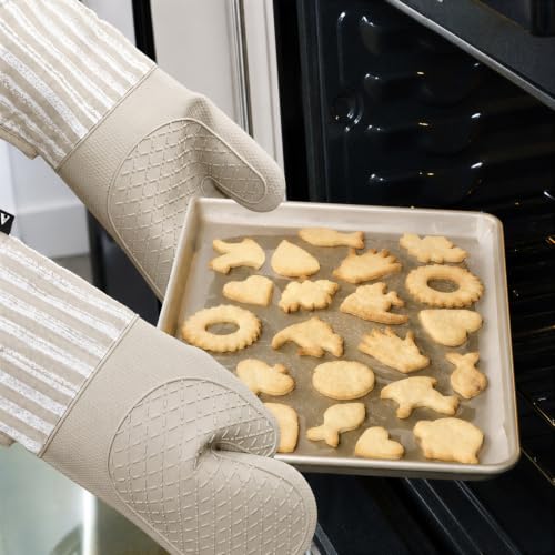 Alselo Silicone Oven Mitts Heat Resistant 932℉ with Waterproof & Non-Slip | Kitchen Mittens Set of 2,Extra Long 7.5"x15" Oven Gloves with Soft Cotton Terry Lining for Baking Cooking BBQ (Khaki,2) - color: Khaki