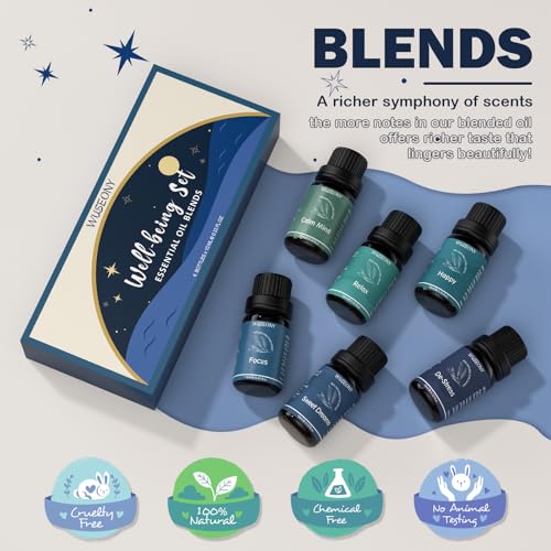 WUSEONY Well-Being Essential Blends Oils Set, Aromatherapy Oils Gift Set for Diffusers Home, Fragrance Oil Scent for Candle Soap Making - Happy, Calm Mind, De-Stress, Relax, Focus, Sweet Dreams - color: Well-being
