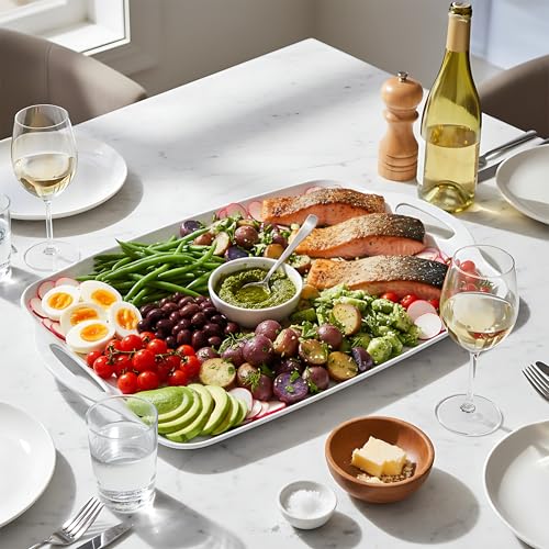 TP Large Serving Trays with Handles, 19" x 12" Melamine Serving Platters for Food, Turkey, Set of 2 Rectangular Trays for Party, Pure White | Rectangular Trays, Serving platters, Turkey and Party Serving, Lightweight, Break-resistant - color: Pure White,