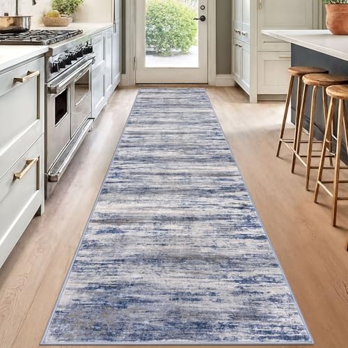 KOZYFLY Modern Abstract Washable Rug Runner 2.6x12 Hallway Rug Runner Non-Slip Soft Kitchen Runner Rugs, Grey-Blue Striped Carpet for Entryway Bathroom Laundry Room Foyer - color: Blue-grey, size: 2'8" x 12' (Runner)