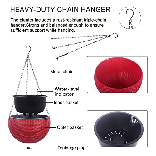 Vencer 11 Inch Round Resin Rattan Hanging Planters,Red,VF-A15-R | Self Watering,Drain Hole,Metal Chain,Water Indicator,Indoor Outdoor - color: Red