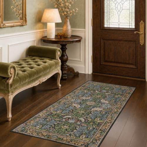 Washable Dark Vintage Floral Rugs for Entryway - Small 2x4 Runner Rug for Kitchen Bathroom Door Mat Indoor Entrance with Bird & Botanical Pattern, Brown Earthy Tones, Non Slip Low Pile - color: Dark Green / Brown, size: 2' x 4' (Rectangular)
