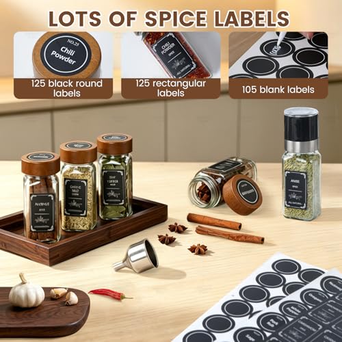 2 Pack Spice Rack with 24 Spice Jars, 4OZ Wood Lid Spice Containers with Expandable Spice Organizer Shelf, Spice Labels, Pepper Grinder Lids, Chalk Marker & Funnel Set for Drawer Kitchen Countertop