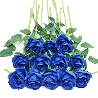 Tifuly Royal Blue Roses Artificial Flowers -12 pcs Realistic Single Long Stem Fake Silk Roses Bouquet for Party Home Wedding Centerpiece Office DIY Decor | 12 pcs Realistic Single Long Stem Fake Silk Roses Bouquet for Party Home Wedding Centerpiece Office
