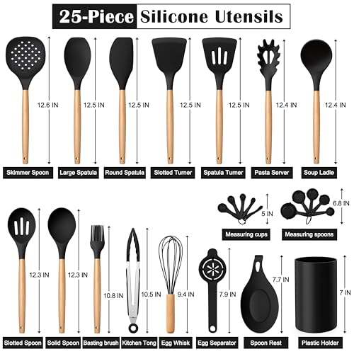 E-far Black Kitchen Utensils Set with Holder, 25-Piece Silicone Cooking Utensil Set with Wooden Handle for Nonstick Cookware, 446°F Heat Resistant Kitchen Tool Spatula Tongs Whisk, Non-toxic & Healthy - color: Black, size: 25
