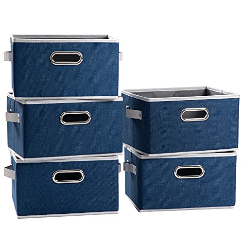 Large Collapsible Storage Baskets for Closet [5-pack] Decorative Fabric Storage Bins Cubes with Leather/Metal Handles for Shelves Bedroom Living Room Royal Blue (14.9x9.8x8.3 Inch) - color: Royal Blue, size: Large(5-Pack)