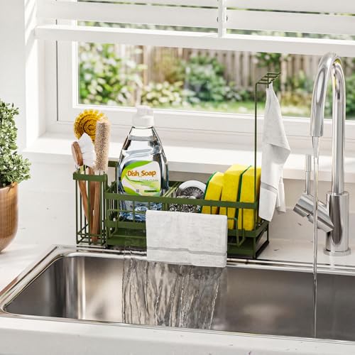 Kitchen Sink Organizer, Stainless Steel Sponge Holder, Green | Rust-Resistant Steel, Detachable Draining Board, Compartment Divider, Brush Holder & Towel Bar, Ideal for Kitchen Storage - color: Green
