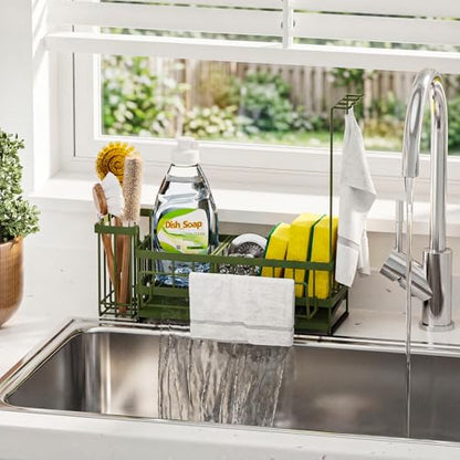Kitchen Sink Organizer, Stainless Steel Sponge Holder, Green | Rust-Resistant Steel, Detachable Draining Board, Compartment Divider, Brush Holder & Towel Bar, Ideal for Kitchen Storage - color: Green