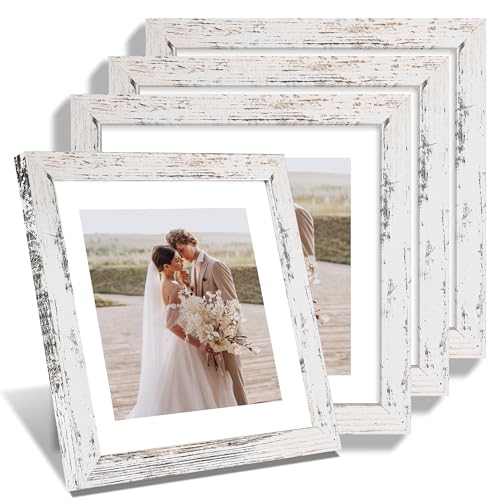 Hongkee 10x10 Picture Frame Set of 4, Made of Glass and Distressed White Wooden Frame - Display Picture 8x8 with Mat or 10 x 10 Without Mat, 10 by 10 Photo for Wall or Tabletop - color: Distressed White, size: 10x10 in