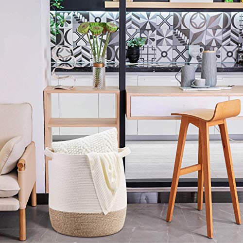 Large 17 x 17 Inches Decorative Woven Cotton Rope Blanket Basket for Living Room, Laundry Basket Hamper, Storage Baskets with Handles for Toys, Throws, Pillows, Towels, Shoes, Brown