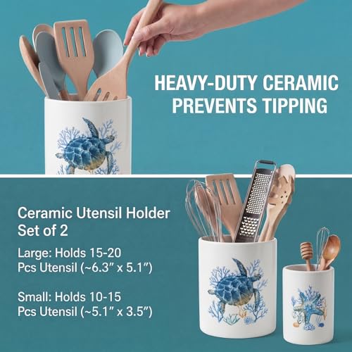 2 Pack Ceramic Utensil Holder 6.3" + 5.1" Ocean Theme Coastal Kitchen Crocks for Countertop Storage, Sea Turtle & Starfish Design, Decorative Utensil Organizer for Beach House Decor