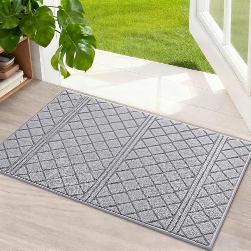 REFETONE Dirt Trapper Door Mat 16" x 24", Non-Slip Washable Doormats, Grey | Entrance Mat Dirt Resistant and Absorbent Welcome Mat, TPR backing Low Profile Floor Mats for Front Back Door and Entryway - color: Grey, size: 1'4" x 2' (Rectangular)