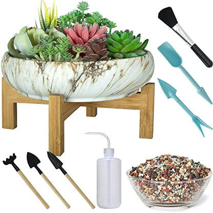 ARTKETTY Succulent Pots with Drainage, 10 Inch Ceramic Bonsai Pots | Large Plant Pots with 2.2lb Mix Pebbles, Planting Tools Set for Beginner, Shallow Pots for Indoor Cactus Flower Plants - color: Brown With Tools