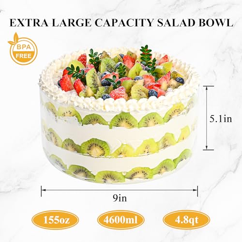 Glass Trifle Bowl with Airtight Lid, 155oz Large Salad Bowl, Glass Serving Bowl for Popcorn, Cake, Salad, Fruit, Baking, Dessert and Party Diy, BPA Free, Oven, Dishwasher Safe - size: 9 INCH
