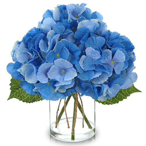 Hydrangea Artificial Flowers with Glass Vase, Blue Real Touch Silk Hydrangea Arrangement with Faux Water, Small Faux Floral Centerpiece for Home Decor, Wedding, Bathroom, Shelf, Coffee Table - color: Blue-hydrangea