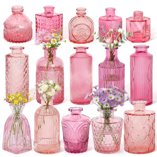 Set of 15 Pink Glass Bud Vases Small Textured Flower Vases | Retro Bulk Vases for Wedding Table Centerpieces Home Decor DIY Events Gifts - color: Pink