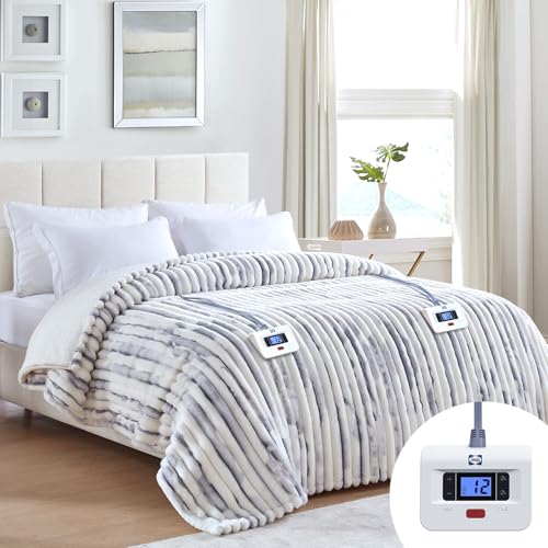 Sealy Electric Blanket Queen 84×90, Faux Fur to Sherpa, Blue White | Heated Blanket, Dual Control, 10 Heating Levels, 1-12 Hours Auto Off, Overheat Protection, Machine Washable, ETC Certified - color: Blue White, size: Queen Size 84" x 90"