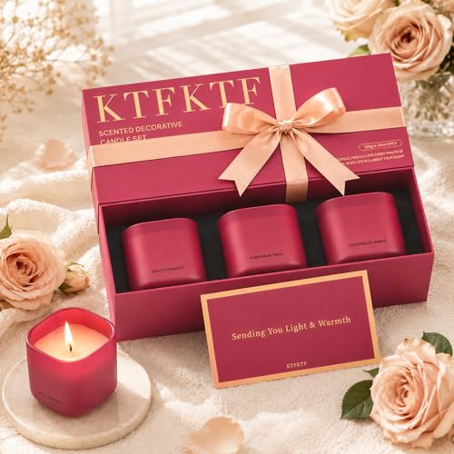 Scented Candle Set, Candle Gift Set, 3 Pack Candles for Home Scented | 4.22 oz Soy Candles, Aromatherapy Gift Set for Women, Monther's Day & Holiday, Scents of Apple Cinnamon/Pumpkin/Cedarwood - color: Red Candles Set