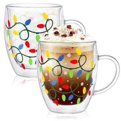JarThenaAMCS Christmas Double Wall Glass Coffee Mugs 12Oz Colorful Xmas Light Bulb Insulated Glasses Clear Espresso Cups with Handle for Winter Holiday Supplies, Set of 2 - style: Colorful Xmas Light Bulb
