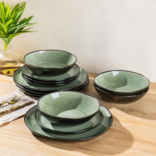 AmorArc Ceramic Dinnerware Sets for 4, 12Pcs Plates and Bowls Sets Dishes | Stoneware Handmade Reactive Glaze Dinner Set, Highly Scratch Resistant | Dishwasher & Microwave Safe Dishware - color: Matte Olive Green, size: Service for 4