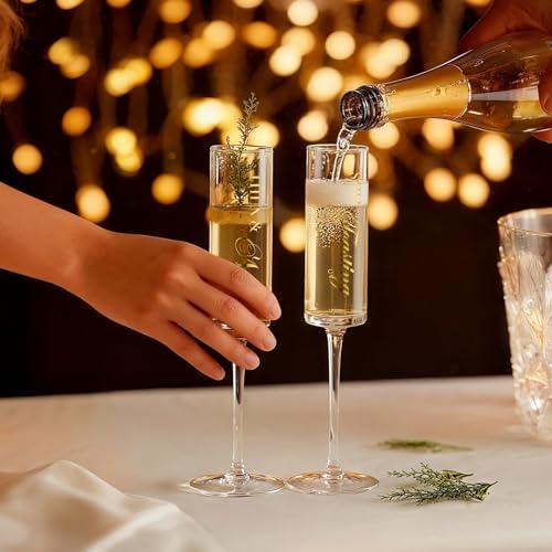 AW BRIDAL Anniversary Champagne Flutes Set of 2 with Wooden Keepsake Box | Engagement Gifts for Couples, Mr and Mrs Champagne Flutes, Crystal Toasting Glasses, Bridal Shower and Wedding Gift - color: Then & Now（Brown）, size: Set of 2（Wooden box）