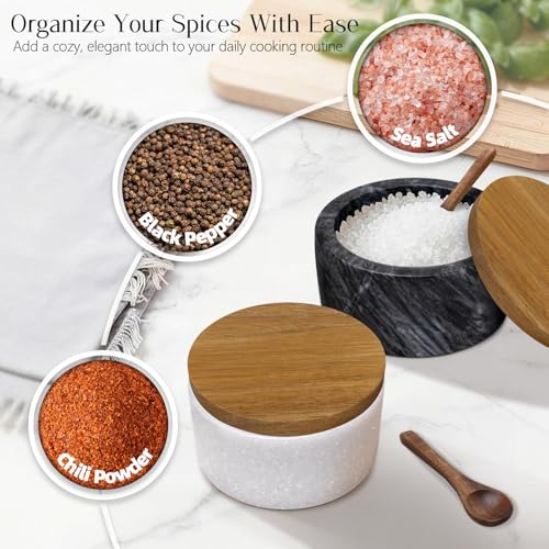 Marble Salt Cellar with Lid & Spoon, Salt Container White & Grey | Acacia Wood Lid, Wide Base with Non-Skid Feet, Moisture Proof Spice Cellars Keeps Salt, Pepper & Spices Dry, 6 oz - color: White & Grey