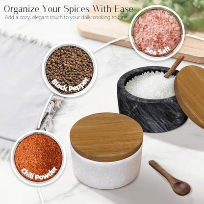 Marble Salt Cellar with Lid & Spoon, Salt Container White & Grey | Acacia Wood Lid, Wide Base with Non-Skid Feet, Moisture Proof Spice Cellars Keeps Salt, Pepper & Spices Dry, 6 oz - color: White & Grey