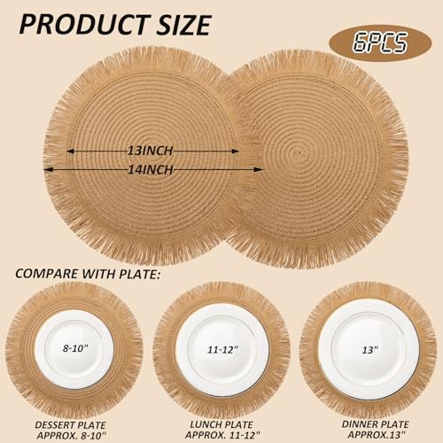 6 Pack15 Inch Round Woven Placemats Brown Boho Washable Braided Straw Placemats with Fringe Bohemian Rustic Table Mats for Dining Table Nonslip Plate Farmhouse Kitchen Decor