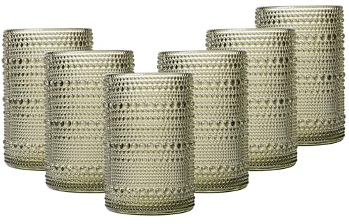 JOVGANK Green Vintage Hobnail Drinking Glasses Set of 6, Water Tumbler 15oz, Kitchen & Bar Beaded Highball Glasses, Beverage Glass Cups for Water, Beer, Juice, Housewarming and Mother's Day Gift - color: Green, size: 15 oz