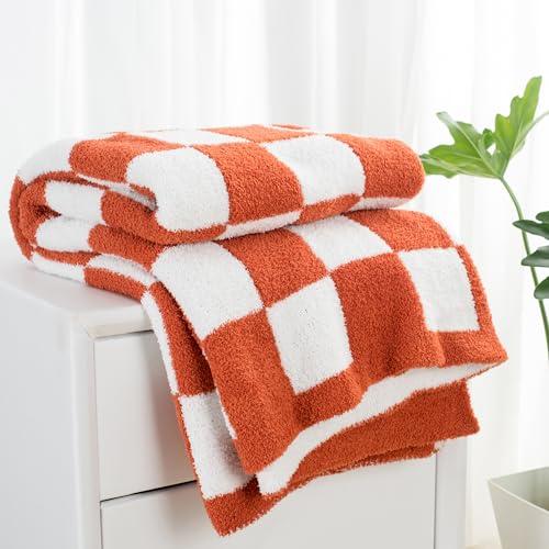 Carriediosa Checkered Throw Blanket 50x60, 400GSM Ultra Soft Microfiber | Rust, Fuzzy Fluffy Cozy Plush Knit Knitted Plaid Checker, Lightweight Cute Preppy Fall Blankets & Throws for Couch, Bed - color: Check - Rust, size: 50" X 60"