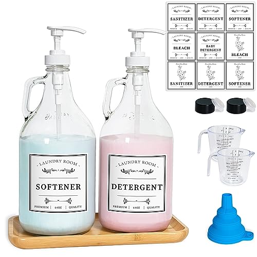 2 Pcs Glass Laundry Detergent Dispensers, 64 oz | Liquid Laundry Soap Dispenser for Laundry Room, Farmhouse Decor, with Pumps, Labels, Bamboo Tray, Funnel & Measuring Cups