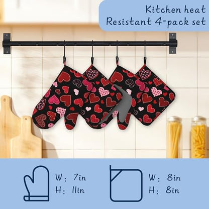 Red Hearts Pot Holders and Oven Mitts,Cute Oven Mitts Heat Resistant Cotton Lining Anti-Slip Silicone Kitchen Mitts Set Hot Pads for Microwaves Cooking Baking Grilling - color: Red Hearts