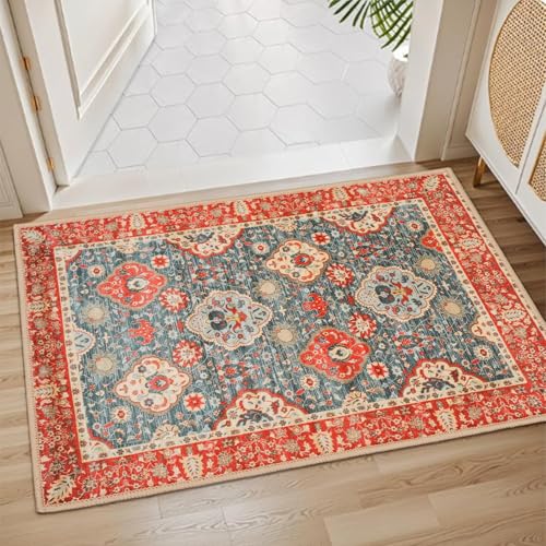 Boho Small Rug Non Slip,Indoor Floor Doormat,20"x32" | Bath Mat,Throw Rugs,Floral Door Mat,Low Profile,Rubber Backed,Machine Washable,Bathroom,Entryway,Kitchen,Bedroom - color: Retro3