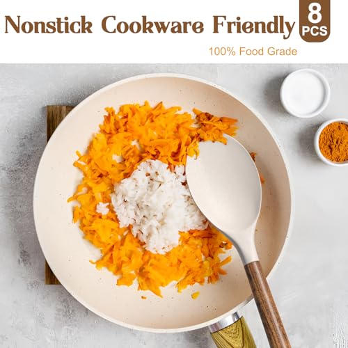 Silicone Cooking Utensil Set,Umite Chef 8-Piece Kitchen Utensils Set with Natural Acacia Wooden Handles, Silicone Kitchen Gadgets and Spatula Set for Nonstick Cookware - Khaki - color: Khaki