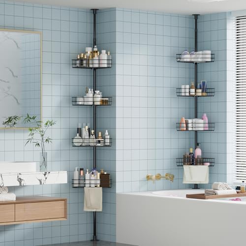 Garvee Corner Shower Caddy Tension Pole, 76 in-110 in Adjustable Bathroom Organizer Shelves, 4-Tier Rustproof Bathroom Shelves with Built-In Towel Bars to Space-Saving, Black | Adjustable Bathroom Shelf Organizer, Rust-Resistant Floor to Ceiling Storage R