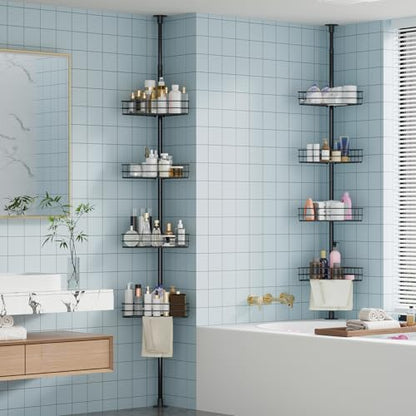 Garvee Corner Shower Caddy Tension Pole, 76 in-110 in Adjustable Bathroom Organizer Shelves, 4-Tier Rustproof Bathroom Shelves with Built-In Towel Bars to Space-Saving, Black | Adjustable Bathroom Shelf Organizer, Rust-Resistant Floor to Ceiling Storage R