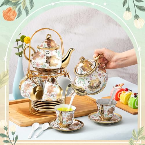 Zhehao 20 Pcs Porcelain Tea Set with Metal Holder and Spoon Adult Ceramic Tea Set European Flower Painting Teapot Cup Saucer Spoon for Women Mom Gift, Large Version (Elegant Style) - color: Elegant Style
