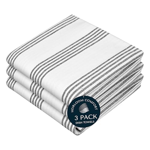 Black Stripe Kitchen Towels (3 Pack), 100% Cotton, Multi Pin Striped Towel Set, Super Absorbent & Durable Dishcloths, Quick Drying Fabric for Drying Dishes, Everyday Kitchen Cleaning - color: Black, style: 3 Pack