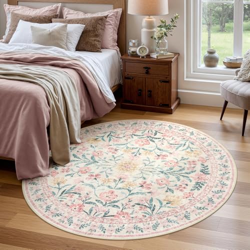 Wonnitar Pink Floral Round Rugs 5ft, Soft Circle Rug Non Slip Washable Round Carpet, Boho Non-Shedding Flower Distressed Circle Carpets for Bedroom Girls Room Nursery - color: Pink, size: 5' (Round)