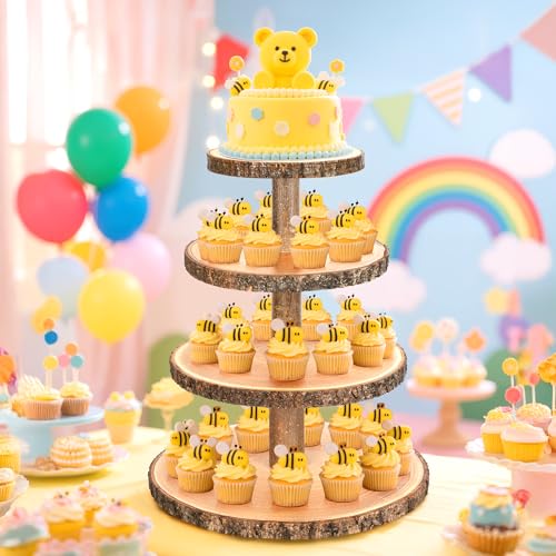 Wooden Cupcake Stand for 24 Cupcakes 4-Tier Dessert Tower Rustic Tiered Display Stand for Woodland Baby Shower Decorations, Farmers Market Decor, Wedding, Birthday, Graduation, Tea Party