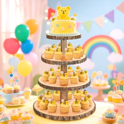 Wooden Cupcake Stand for 24 Cupcakes 4-Tier Dessert Tower Rustic Tiered Display Stand for Woodland Baby Shower Decorations, Farmers Market Decor, Wedding, Birthday, Graduation, Tea Party