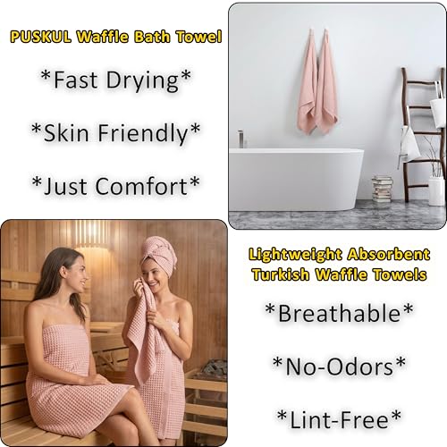 PÜSKÜL 2-Piece Natural 100% Turkish Cotton Waffle Bath Towels Extra-Large | Pink Powder 32x63" Bath Sheet Towel Light Soft Absorbent Quick-Dry Lint-Free Premium Honeycomb Weave Oeko-Tex Made in Turkiye - color: Pink Powder