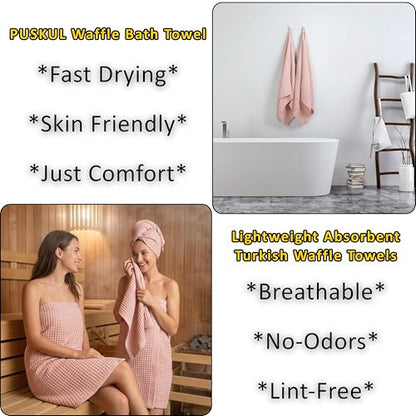 PÜSKÜL 2-Piece Natural 100% Turkish Cotton Waffle Bath Towels Extra-Large | Pink Powder 32x63" Bath Sheet Towel Light Soft Absorbent Quick-Dry Lint-Free Premium Honeycomb Weave Oeko-Tex Made in Turkiye - color: Pink Powder