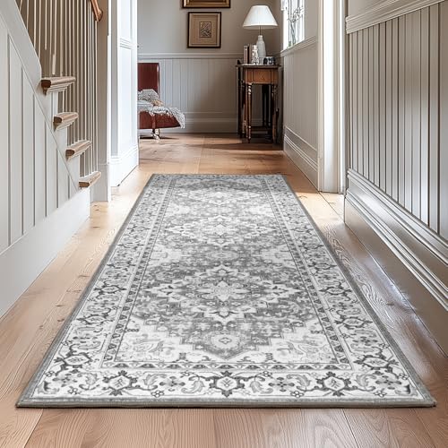 Runner Rug 2.6 x 8 for Hallway, Machine Washable Entryway Rugs Gray | Boho Faux Wool Low Pile Long Rug for Kitchen Bedroom, Floral Medallion Vintage Carpets with Non-Slip Rubber, Kid Pet Friendly - color: Grey Beige, size: 2'6" x 8' (Runner)