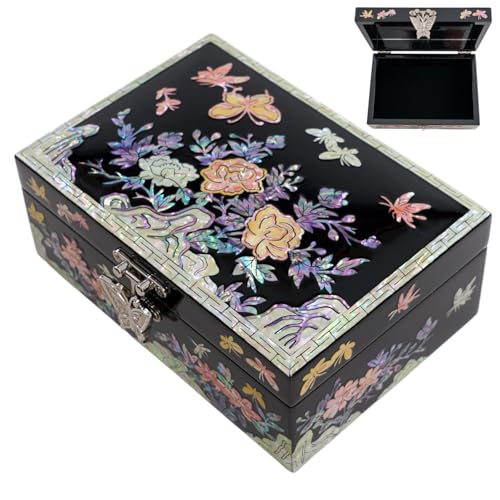 Korean Mother-of-Pearl Keepsake Box with Mirror – Floral & Butterfly Inlay – Handmade Trinket Memory Box – Black Lacquer Gift for Women, Birthday, Anniversary, Christmas (Colorful Flowers) - style: Colorful Flowers